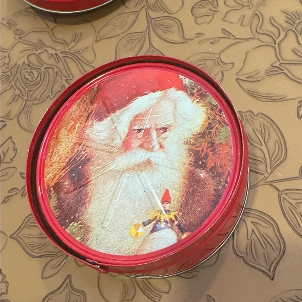 Vtg Tin Santa Claus Coasters, Christmas Lidded 5/ Container ~Holiday Round 3.5”